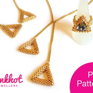 May include: Gold beaded necklace with four triangle pendants and a matching ring with a dark blue gemstone. The necklace and ring are on a white background. The text "Pinkhot Jewellery" and "PDF Pattern" are visible in the image.