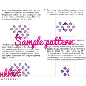 May include: Diagram showing how to create a right angle weave using seed beads and two needles. The diagram shows the steps involved in creating a complete unit of the weave. The text in the image reads "Sample pattern - Right angle weave - Two needle".