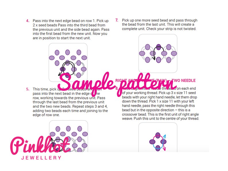 May include: Diagram showing how to create a right angle weave using seed beads and two needles. The diagram shows the steps involved in creating a complete unit of the weave. The text in the image reads "Sample pattern - Right angle weave - Two needle".
