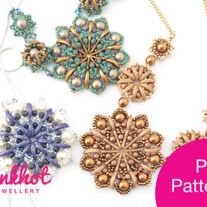May include: Three beaded necklaces with intricate starburst designs in shades of blue, brown, and teal. The necklaces are made with seed beads and pearls. The image includes the text "PDF Pattern".
