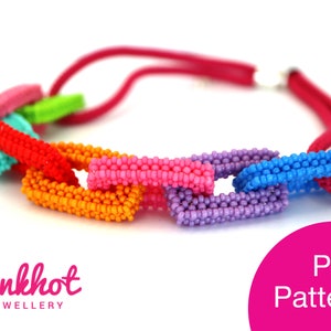 May include: A colourful beaded necklace with a chain link design. The necklace is made with bright pink, orange, yellow, green, blue, and purple beads. The necklace is strung on a red cord. The image includes the text "Pinkhot Jewellery" and "PDF Pattern".