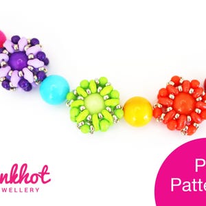 May include: A rainbow-coloured beaded bracelet with flower-shaped charms. The bracelet features pink, turquoise, green, yellow, and orange beads, with silver accents. The bracelet is made with seed beads and has a PDF pattern.