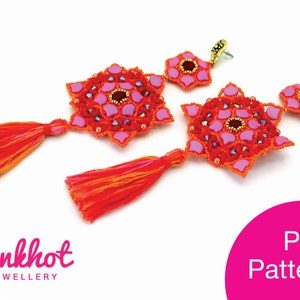 May include: A pair of beaded earrings with pink and orange flower designs and tassels. The earrings are handmade and feature a PDF pattern for crafting.