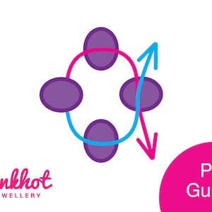 Puede incluir: Diagrama que muestra cómo hacer un brazalete de cuatro cuentas con un hilo rosa y azul. El diagrama muestra las cuentas en un círculo con flechas que indican la dirección del hilo.