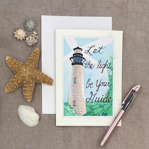 Currituck Beach Lighthouse, North Carolina lighthouse Card, Lighthouse Beach Card, Handmade watercolor Lighthouse Card, Blank Original Card