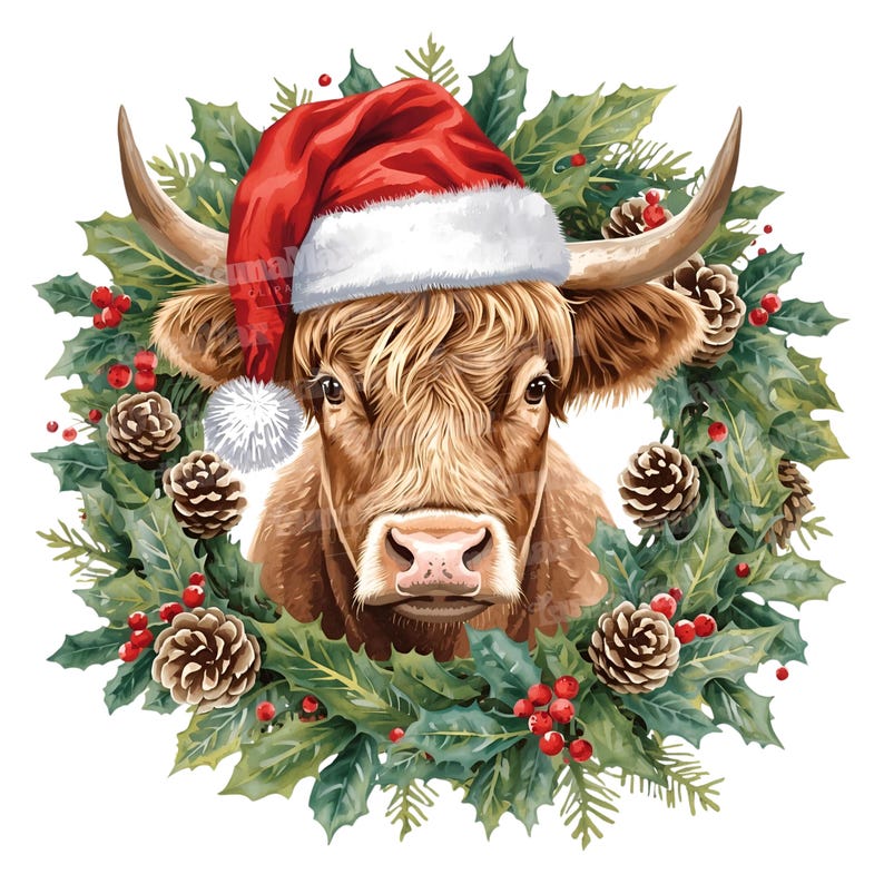 10 Christmas Highland Cow Clipart, Quirky Watercolor Animal PNG Bundle ...