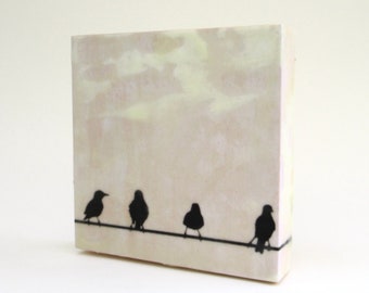 mixed media encaustic wall hanging  ...   bird photograph  ...   encaustic  art  ...  birds on a wire