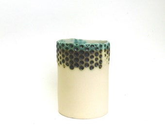 hand built porcelain vessel   ...   container   ...   cup  ...  lots of dots