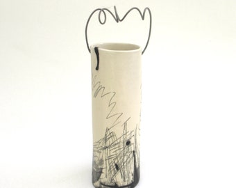 handbuilt porcelain vessel ... handmade ceramic vase ... whimsical abstract expressionism...  mixed media encaustic and nichrome wire