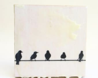 mixed media encaustic wall hanging  ...   bird photograph  ...   encaustic  art  ...  birds on a wire