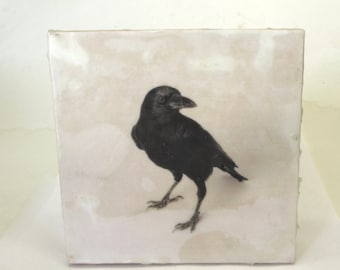 mixed media encaustic wall hanging  ...  photograph  ...   encaustic  art  ... rook,  raven,  crow