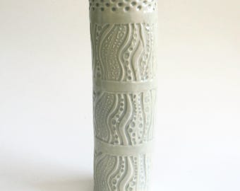 tall narrow  porcelain modern vase  ...  textured hand built ceramic column vessel  ... pale celadon glaze  ...  elegant statement container