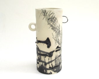 hand built abstract porcelain vessel   ...  handmade ceramic vase ... abstract expressionism influence  ...  tall and narrow