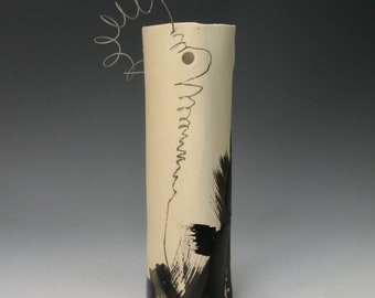 hand built porcelain mixed media vessel  ...  tall   ...   minimal  ...  nichrome wire   ...   encaustic