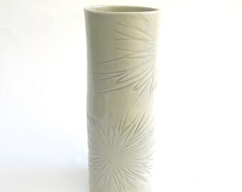 porcelain vessel  ...  tall narrow handmade  pale green celadon  vase   ...   hand built mid century modern pottery  ...  star burst texture