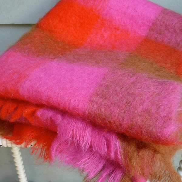 Vintage Mohair Plaid Throw Fuchsia Orange and Walnut