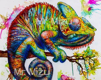 Fired Up - Print of Chameleon Alcohol Ink Painting by Mr. Mizu