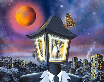 Night Shift  - Print of Surreal Landscape Lantern Lamp Painting by Mr. Mizu