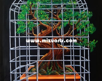 Bonsai In A Birdcage  -  Original Surreal Nature Tree Painting by Mr. Mizu