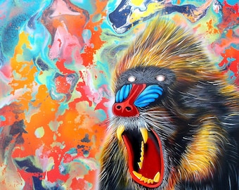 Mandril - Mini Print of  Baboon - Surreal African Animal Portrait Painting by Mizu
