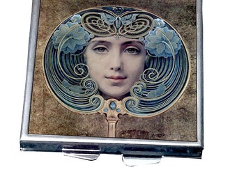 PBS005 - Square Art Nouveau Pill Box - Face in a Fan by Louis Welden Hawkins