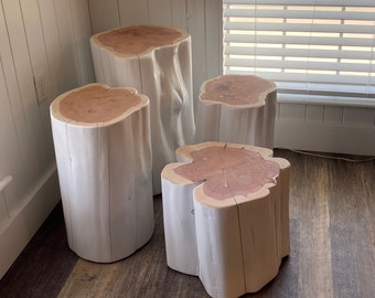 White Stump Side Table, End Table, Custom Home Decor, pick size + height , reclaimed cedar wood furniture, Modern Gloss White, Red Cedar