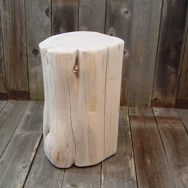 Tree Stump Side Table, 18" tall, outside furniture, whitewashed or gloss white, reclaimed Texas Red Cedar Wood, end table, patio stool
