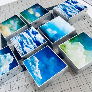 Small art decor for small spaces, hallways, bathrooms, stairway, stairwell. Blue and white art decor. Small cloud art for get well gift, housewarming gift, teacher appreciation gift, good luck gift, congratulations gift, the skys the limit gift