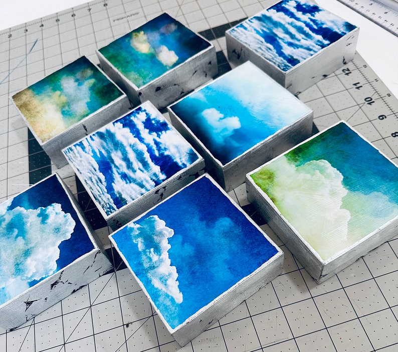 Small art decor for small spaces, hallways, bathrooms, stairway, stairwell. Blue and white art decor. Small cloud art for get well gift, housewarming gift, teacher appreciation gift, good luck gift, congratulations gift, the skys the limit gift