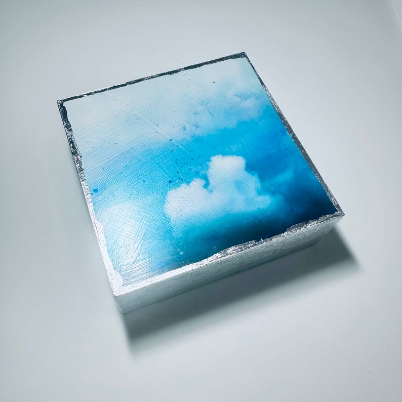 Sympathy Grief Gift, Loss, Death, Funeral, Bereavement, Memorial Gift. Small cloud art gift for hostess gift, thank you gift, get well gift, teacher appreciation gift, art gift, housewarming gift. Cloud art with silver linings, edged in silver leaf