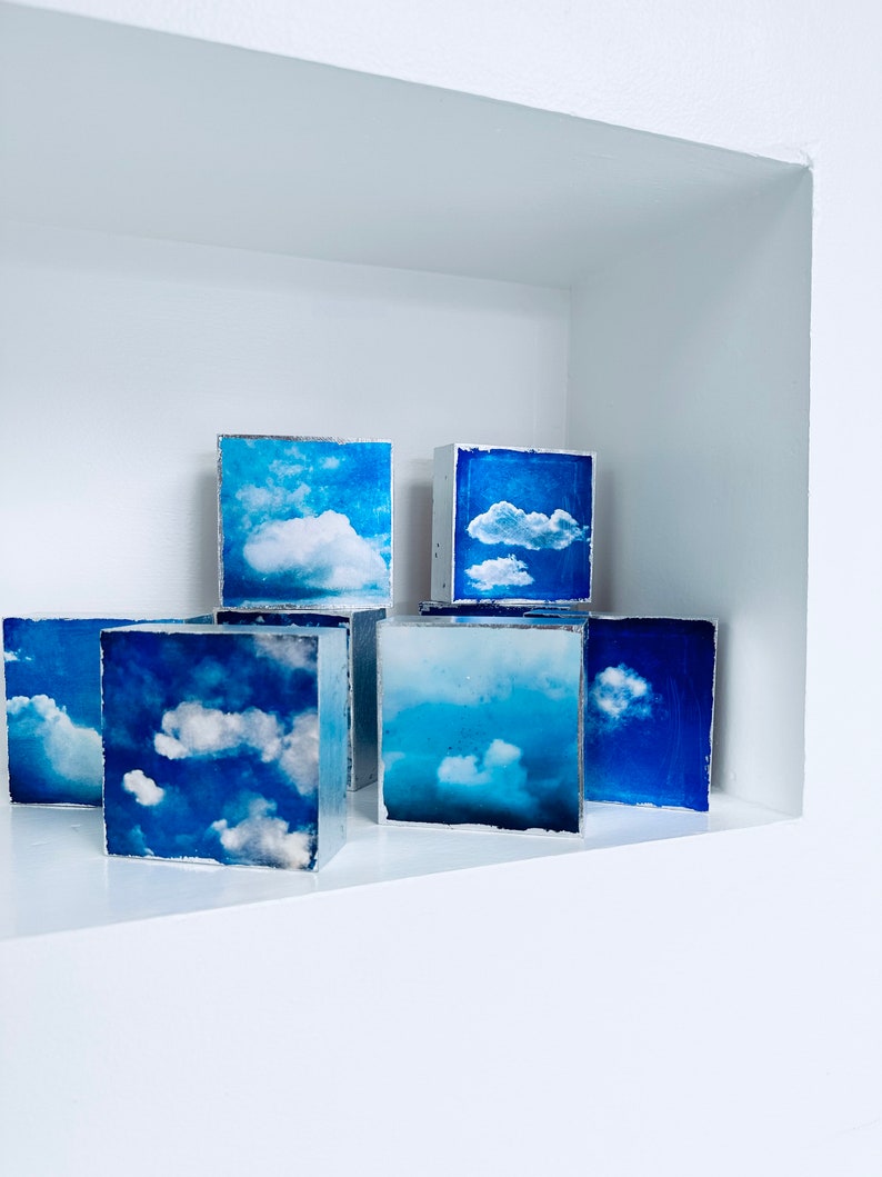 Small art decor for small spaces, hallways, bathrooms, stairway, stairwell. Blue and white art decor. Small cloud art for get well gift, housewarming gift, teacher appreciation gift, good luck gift, congratulations gift, the skys the limit gift