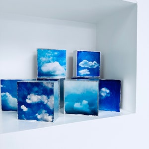 Small cloud art gifts for hostess gift, thank you gift, get well gift, teacher appreciation gift, art gift, housewarming gift. Bright blue and white cloud art decor for shelves and small spaces; Cloud art with silver linings, edged in silver leaf