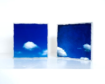 Set of 2 Blue Sky Cloud Art for Small Spaces or Gift; Hostess Housewarming Get Well Soon, Thank you, Teacher Appreciation, Good Luck Gift