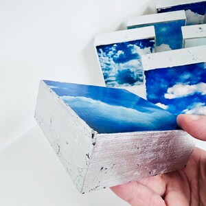 Small cloud art gifts for hostess gift, thank you gift, get well gift, teacher appreciation gift, art gift, housewarming gift. Bright blue and white cloud art decor for shelves and small spaces; Cloud art with silver linings, edged in silver leaf