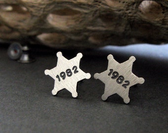 Sheriff star with engraved badge number stud earrings handmade in sterling silver