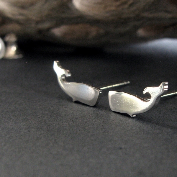 Sperm whale tiny stud earrings handmade in sterling silver or 14k gold