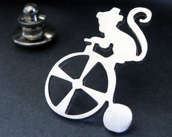 Monkey on bicycle tie tack lapel hat pin artisan handmade in sterling silver