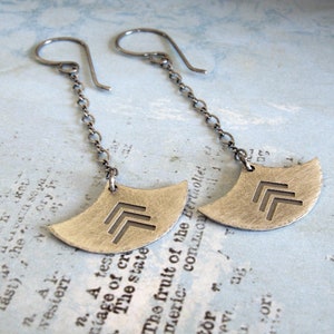 Dainty chevron fan dangle earrings artisan handmade in sterling silver