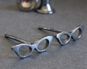 Tiny cat eye retro glasses stud earrings handmade in sterling silver or 14k gold
