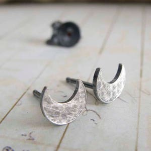 Minimalist crescent moon stud earrings handmade in sterling silver or 14k gold