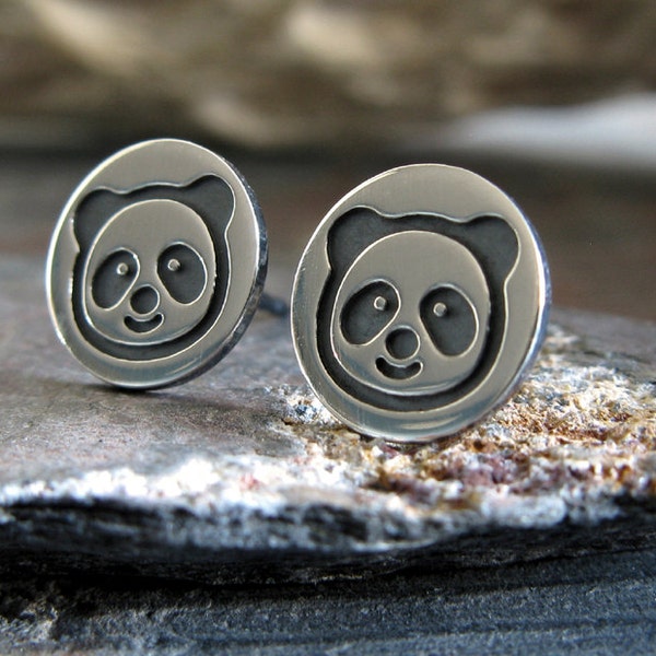 Panda Bear stud earrings handmade in sterling silver