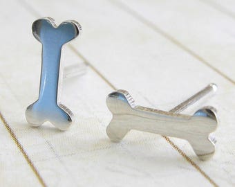 Tiny dog bone stud earrings handmade in sterling silver or 14k gold