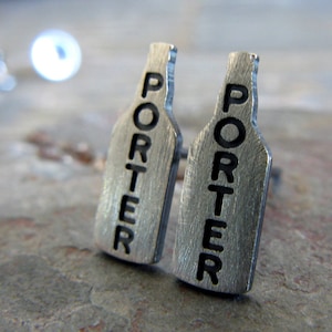 Tiny Porter craft beer bottle stud earrings handmade in sterling silver