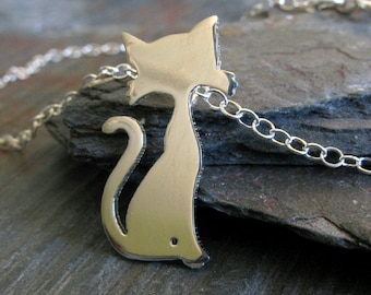 Cat with long curly tail pendant necklace handmade from sterling silver