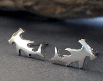 Hammerhead shark stud earrings handmade in sterling silver or 14k gold