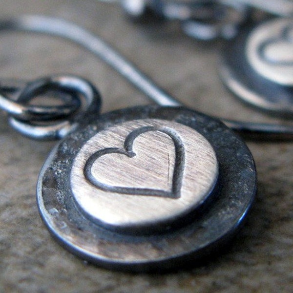 Dainty rustic heart dangle drop earrings handmade in oxidized sterling silver