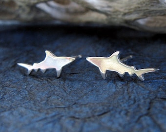 Shark stud earrings handmade in sterling silver or 14k gold