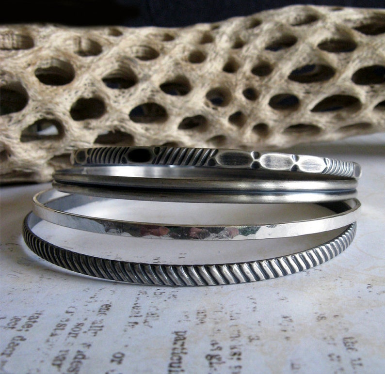 Sterling silver bangle bracelet set. Rustic boho jewelry. Stacking bangles. Handcrafted artisan jewelry. Gift for her. image 4