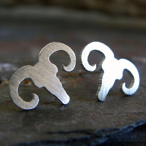 Ram skull stud earrings handmade in sterling silver or 14k gold