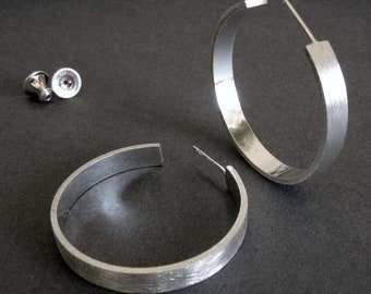 Open 25mm hoop stud earrings handmade in brushed sterling silver